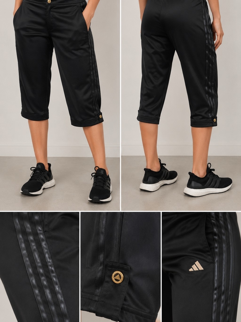 Adidas by Stella McCartney Black Satin 3 Stripe Capri Pants Cropped